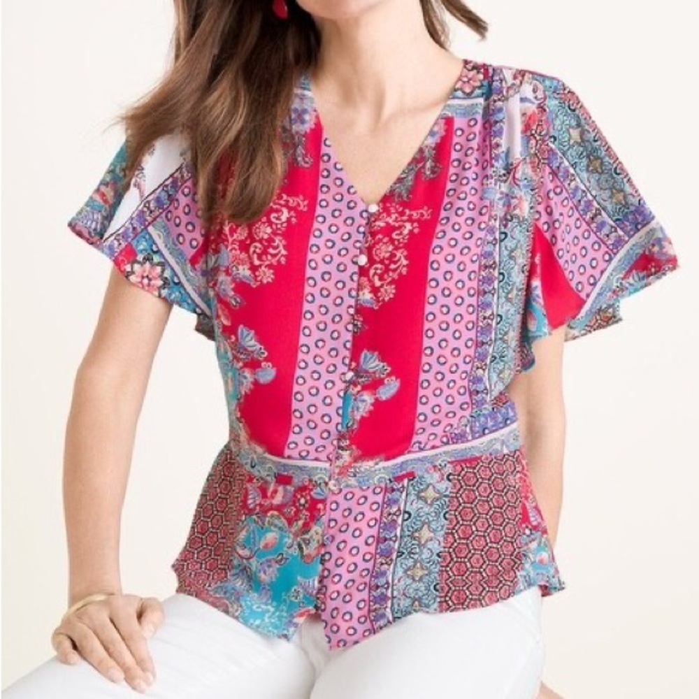 Chicos Multicolor Patchwork Print Flutter Sleeve … - image 1